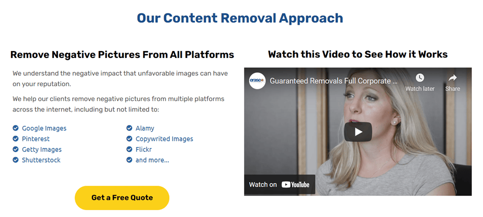 Guaranteed Removals image of "Our Content Removal Approach" and how to remove negative pictures from all platforms