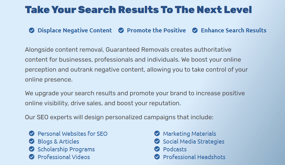 Guaranteed Removals image of taking your search results to the next level with a list of personalized campaigns their SEO experts can design