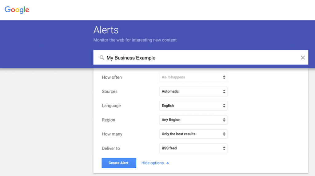 Google Alerts setup screen