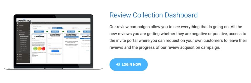 Webimax image of their review collection dashboard