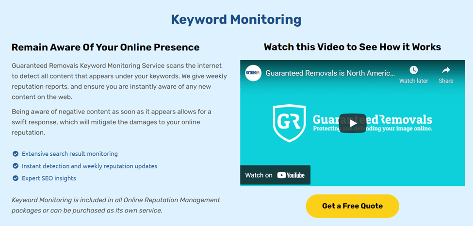Guaranteed Removals Keyword Monitoring page