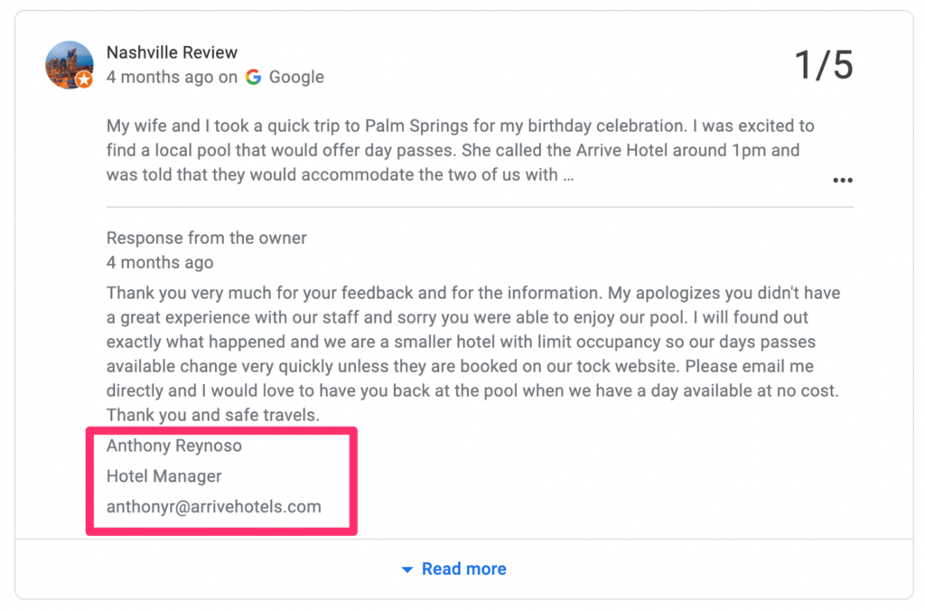 image of a Hotel Manager responding to a negative review on Google