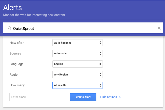 Google Alerts setup page