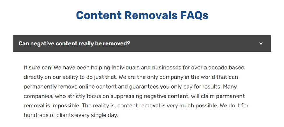 Guaranteed Removals Content Removals FAQs with question "Can negative content really be removed?" and response