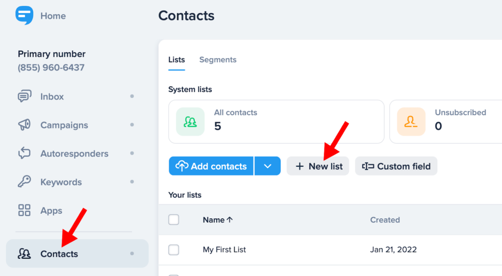 Contacts window with arrows pointing out contacts and new list buttons