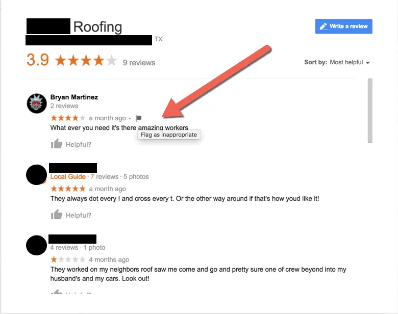 Example of a Google Review with red arrow pointing to "Flag as inappropriate"