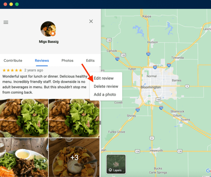 Example of a review in Google Maps with red arrow pointing to "Delete review"