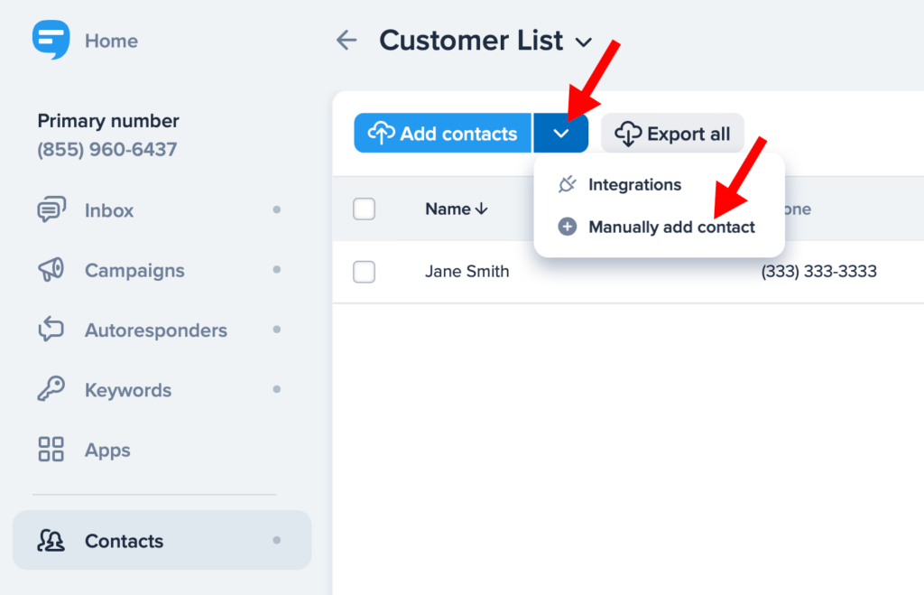 List window with arrows pointing to the add contacts drop-down arrow and manually add contact selection