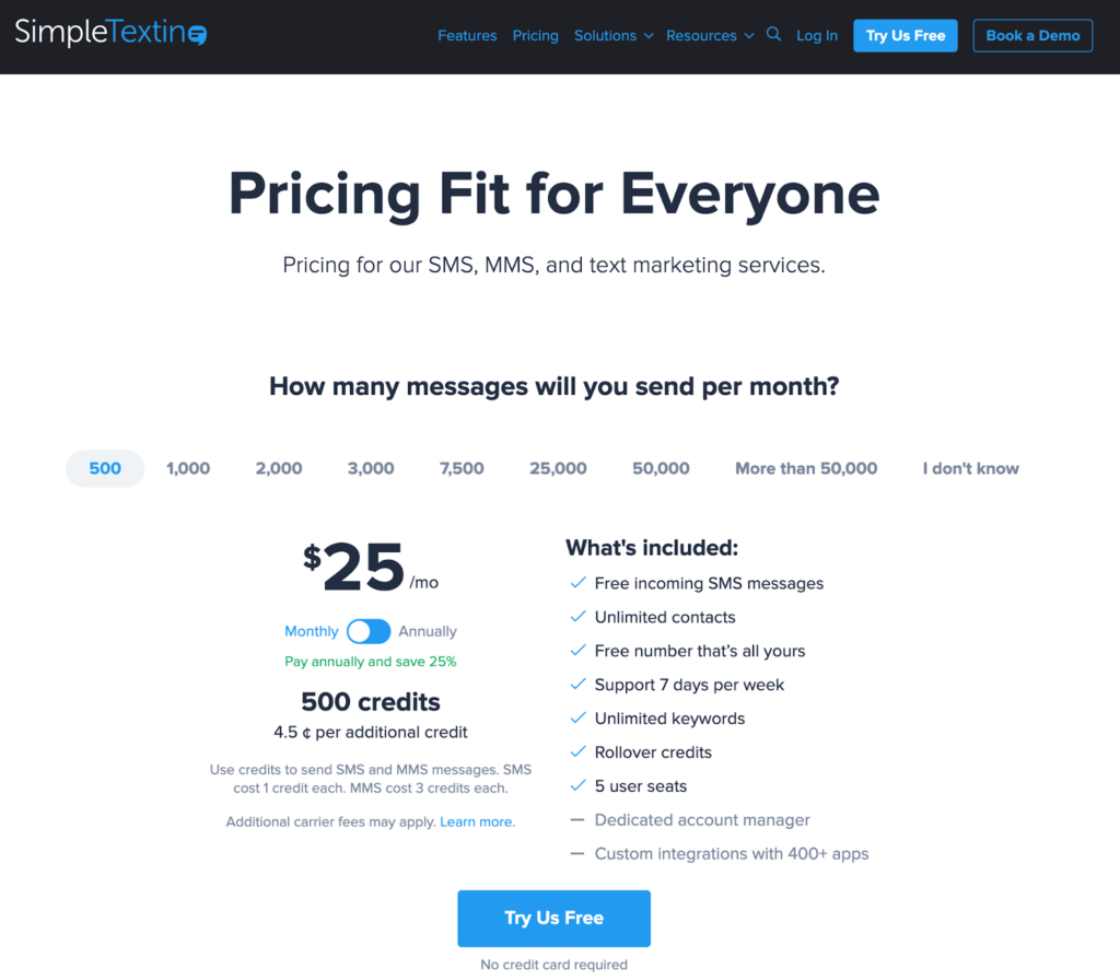 SimpleTexting signup and pricing page