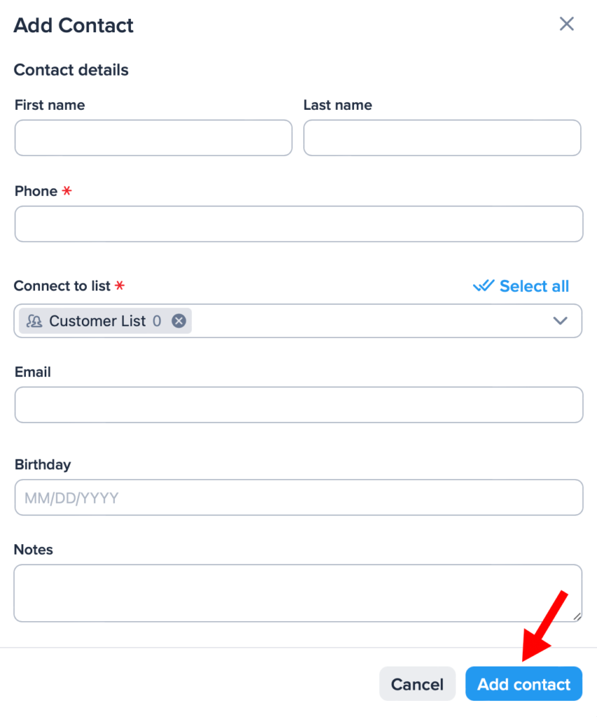 Add contact pop-up window with arrow pointing to the add contact button