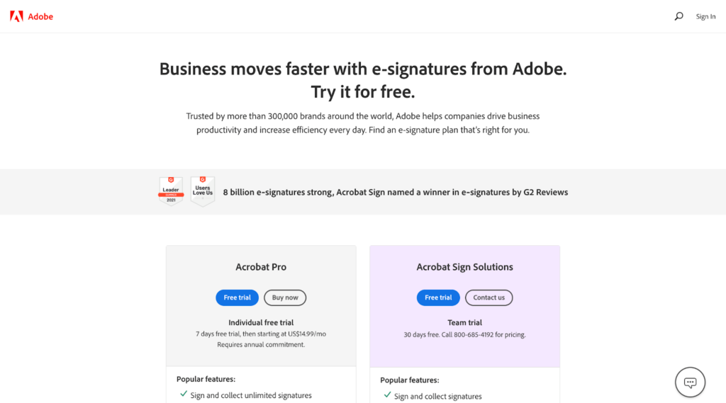 Adobe Sign home page