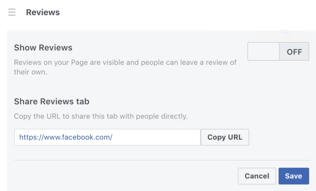 Facebook reviews menu with option to show reviews and slider turned off