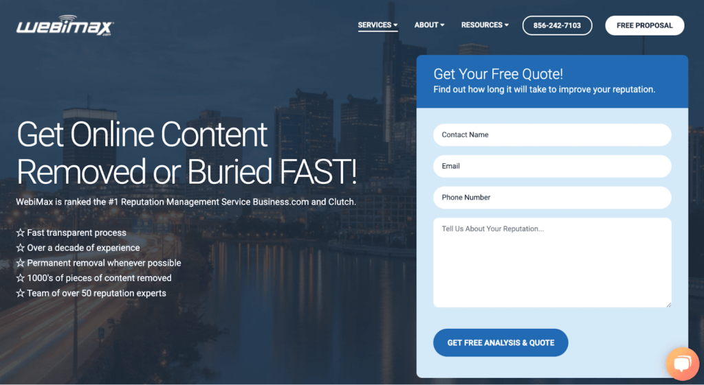 WebiMax home page with image of form to get a free quote
