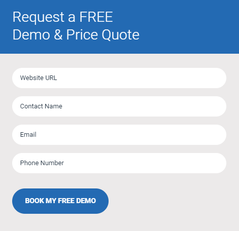 Webimax form to request a free demo and price quote with fields for Website URL, Contact Name, Email, and Phone Number