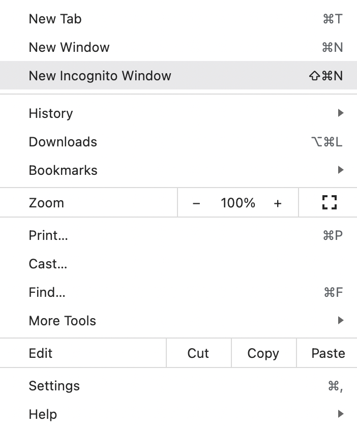 Mac browser dropdown list with "New Incognito Window" highlighted