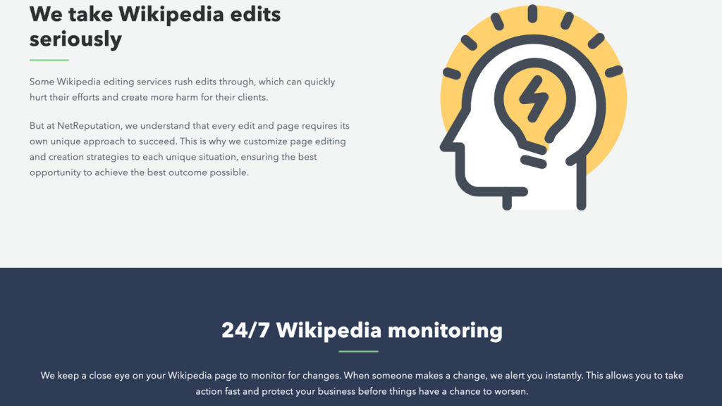 NetReputation page titled "We take Wikipedia edits seriously" with emphasis on 24/7 Wikipedia monitoring