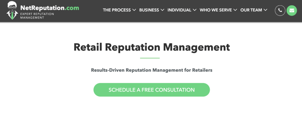 NetReputation "Retail Reputation Management" page with image of link to schedule a free consultation