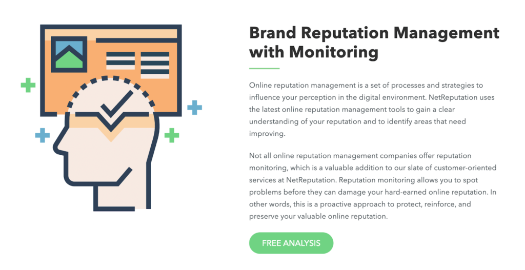 NetReputation page titled "Brand Reputation Management with Monitoring" with image of green free analysis button