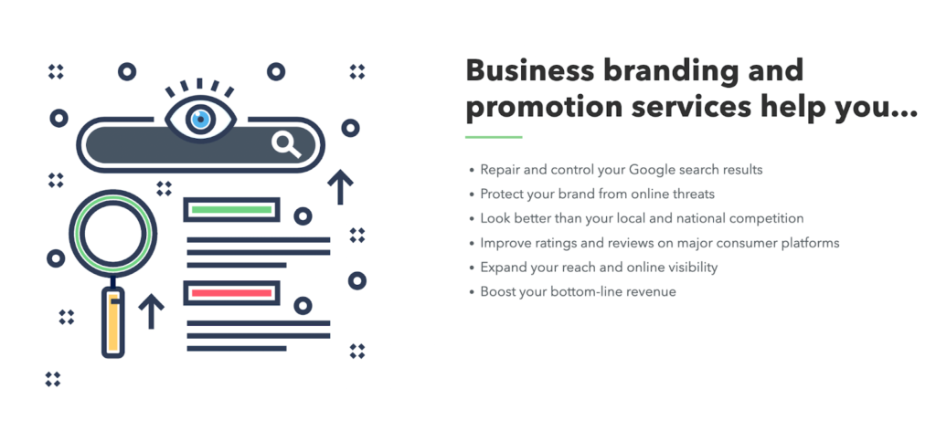 NetReputation page titled "Business branding and promotion services help you" with list of items their services help with