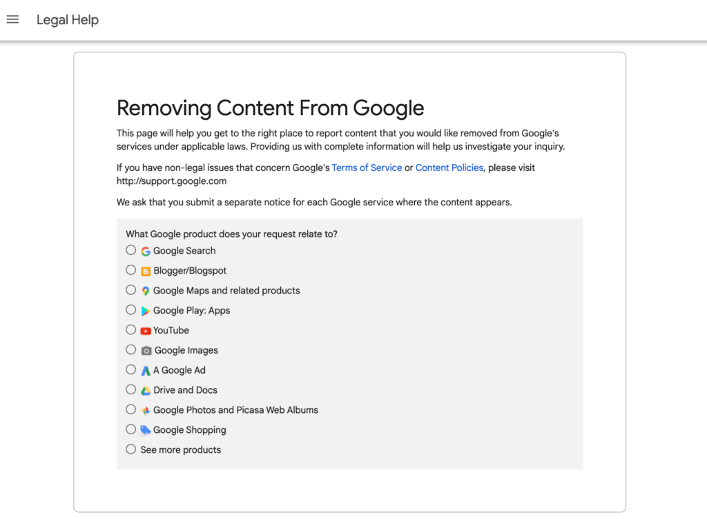 Google Legal Help page with instructions on how to remove content from Google