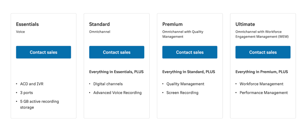 RingCentral pricing plans with options for Essentials, Standard, Premium, and Ultimate plans