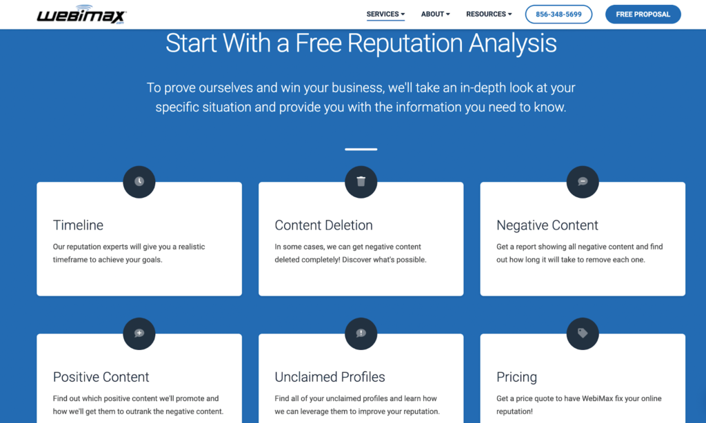 WebiMax "Start With a Free Reputation Analysis" page