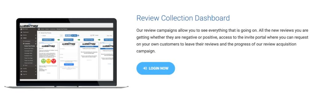 Webimax image about their review collection dashboard