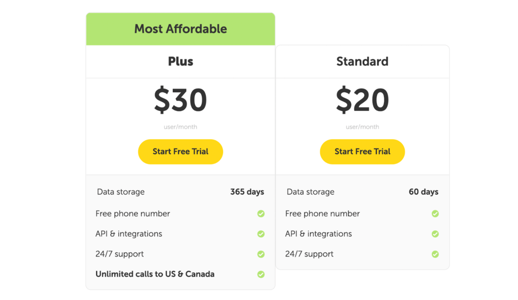 CrazyCall pricing plans, which includes Plus for $30 per user per month and Standard for $20 per user per month