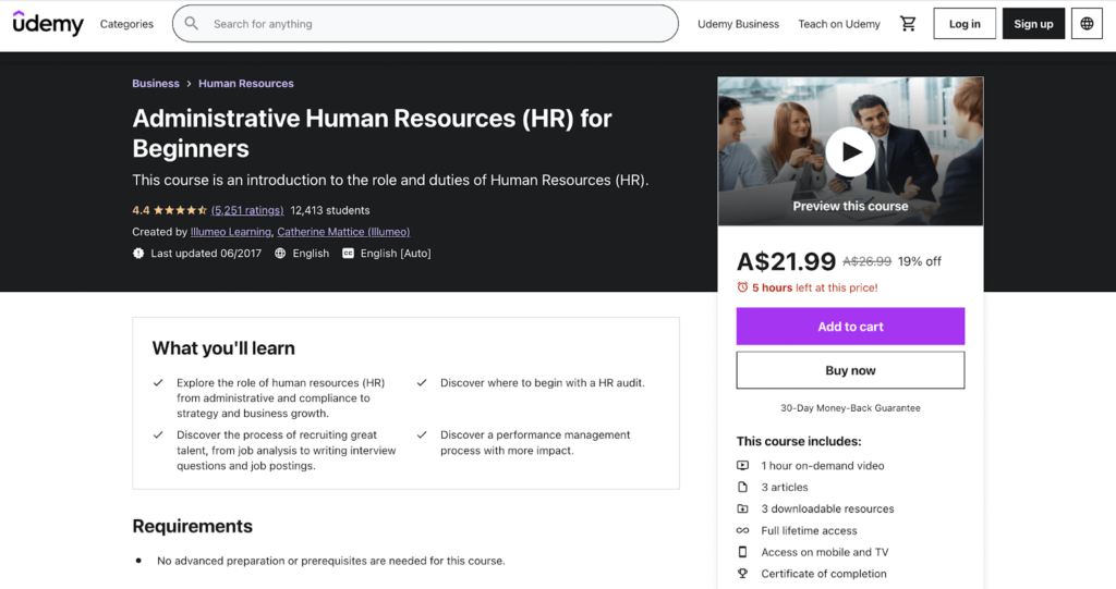 Administrative Human Resources (HR) for Beginners by Udemy home page