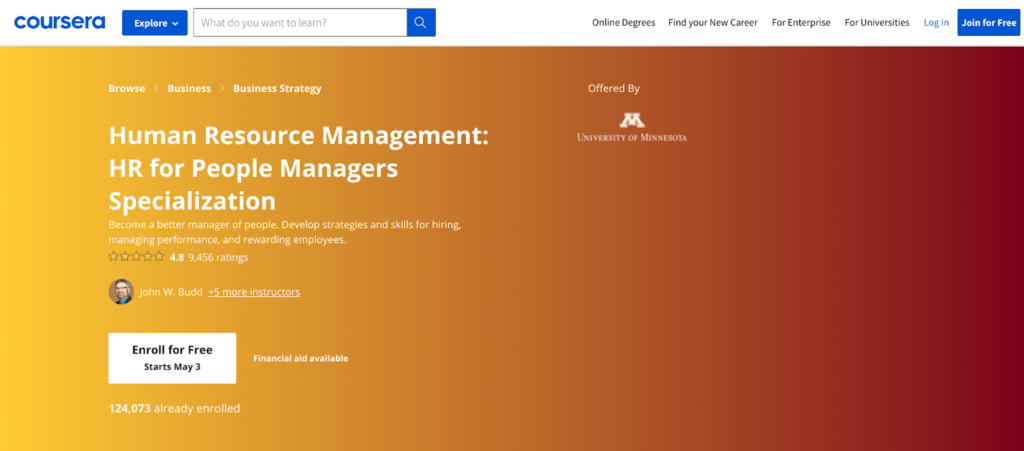 Human Resource Management: HR for People Managers Specialization by Coursera home page