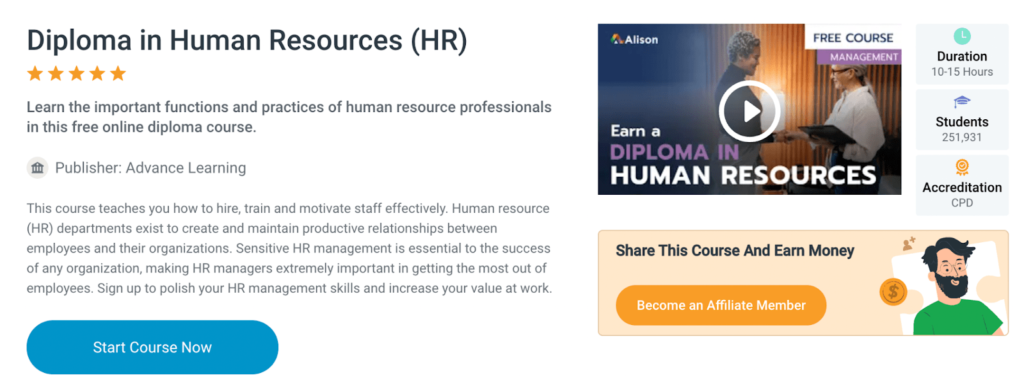 Diploma in Human Resources by Alison home page