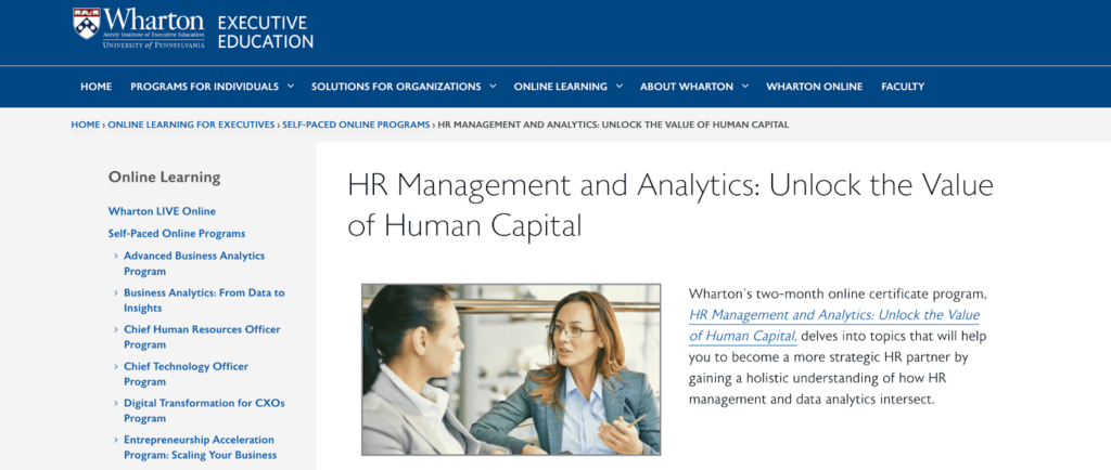 HR Management and Analytics: Unlock the Value of Human Capital by Wharton home page.