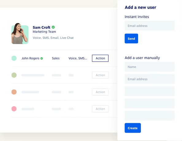 Nextiva page with boxes to invite users or add a user manually