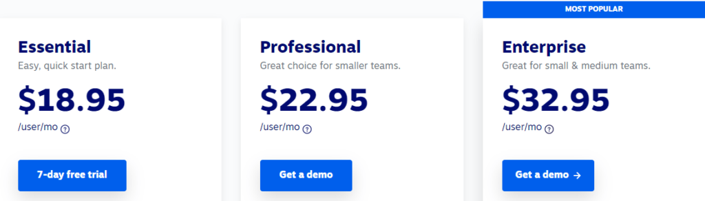 Nextiva pricing with options for Essential, Professional, and Enterprise plans