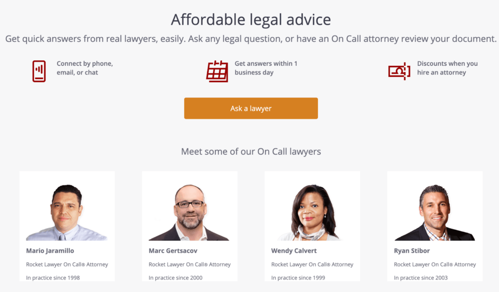 Rocket Lawyer website page for affordable legal advice with button that says "Ask a lawyer"