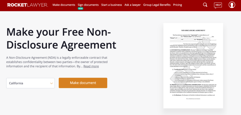 Rocket Lawyer website page that says Make your Free Non-Disclosure Agreement