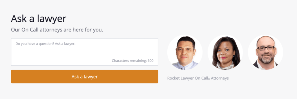 RocketLawyer website page for asking a lawyer your questions with box to type in questions