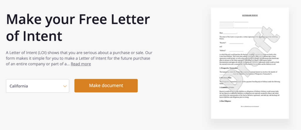 Rocket Lawyer website page for making your free letter of intent