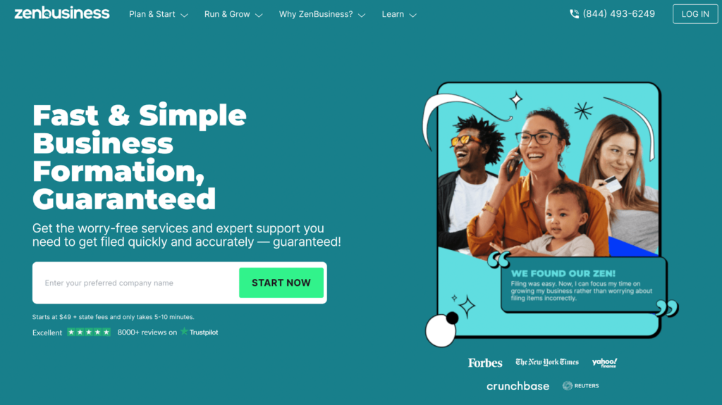 ZenBusiness website page that says "Fast & Simple Business Formation, Guaranteed"