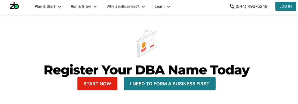 ZenBusiness website page to register your DBA name today