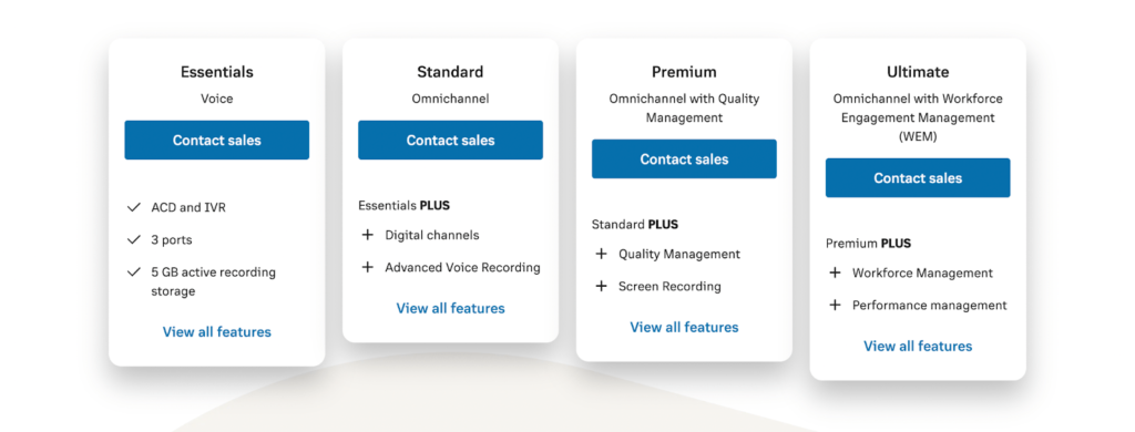 RingCentral pricing plans with options for Essentials, Standard, Premium, and Ultimate plans