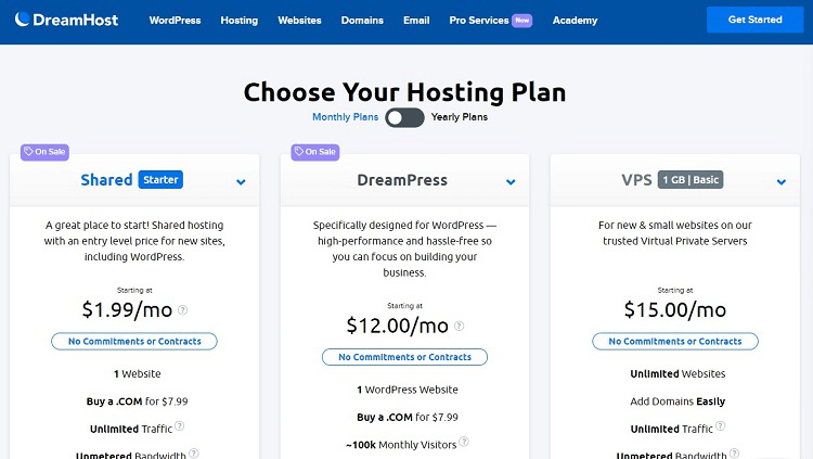 DreamHost Hosting plans with options for Shared, DreamPress, or VPS plans