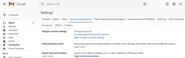 Gmail settings page with "Accounts and Import" tab selected