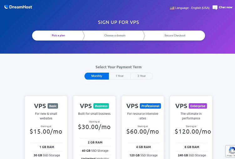 DreamHost VPS hosting tiers with options for basic, business, professional, or enterprise