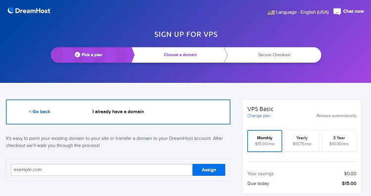 DreamHost VPS signup page