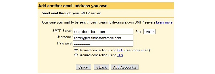 Popup window for entering name, domain email address, smtp server, port number, and DreamHost email password