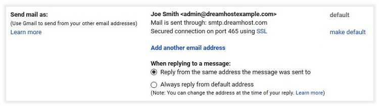 Gmail verification with email address you want to send mail as and options for replying to messages