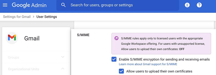 Google Admin screen S/MIME settings
