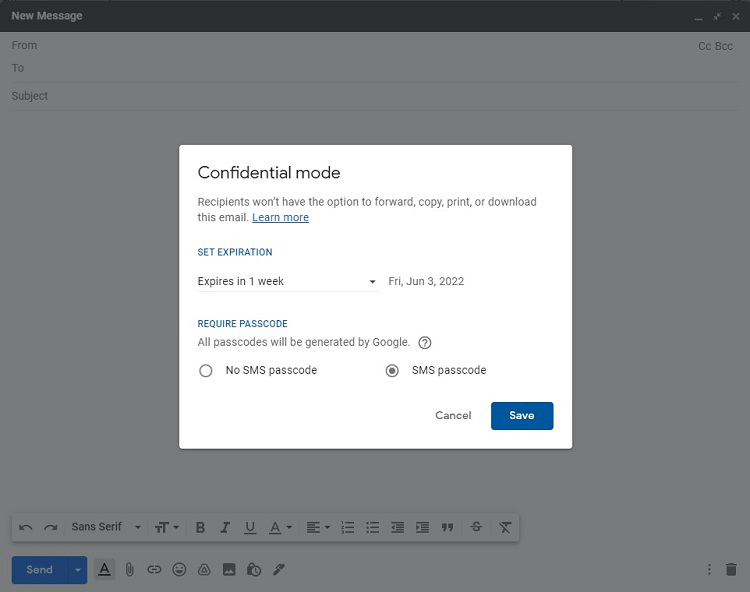 Gmail confidential mode with popup that says recipients won't have the option to forward, copy, print, or download this email