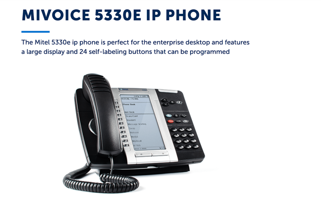MiVoice 5330e IP Phone landing page with image of phone